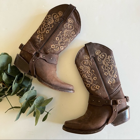 Old Corral Brown Leather With Tan Floral Embroidery Cowboy Boots. Size 9.5T - Picture 2 of 14